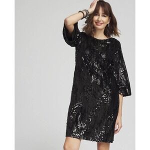 Chicos 3 US 16 Black Sequin Velvet 3/4 Sleeve Mini Dress Sparkle Party New Years